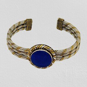 Vintage Beautiful Mexico 925 Sterling Silver Brass Lapis Cable Cuff bracelet